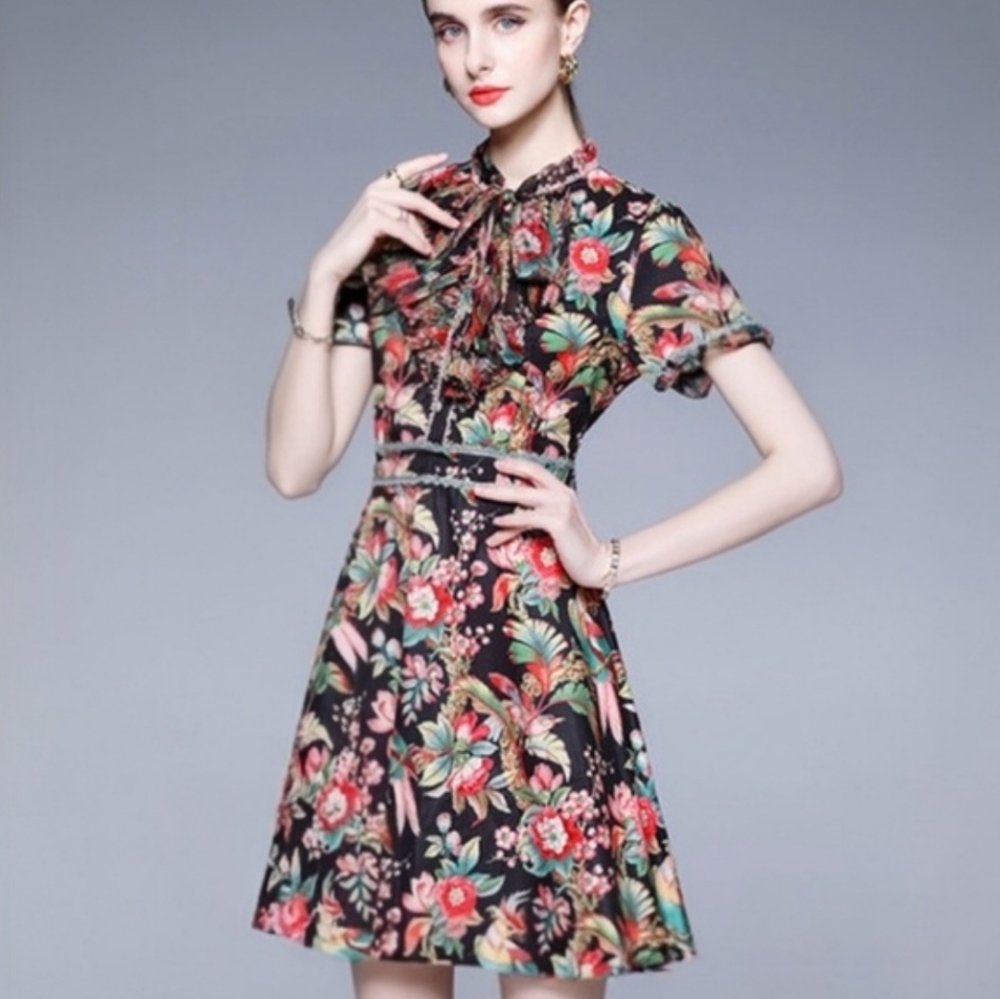 Dalia MacPhee| Floral Frill Tie Neck Mini Dress